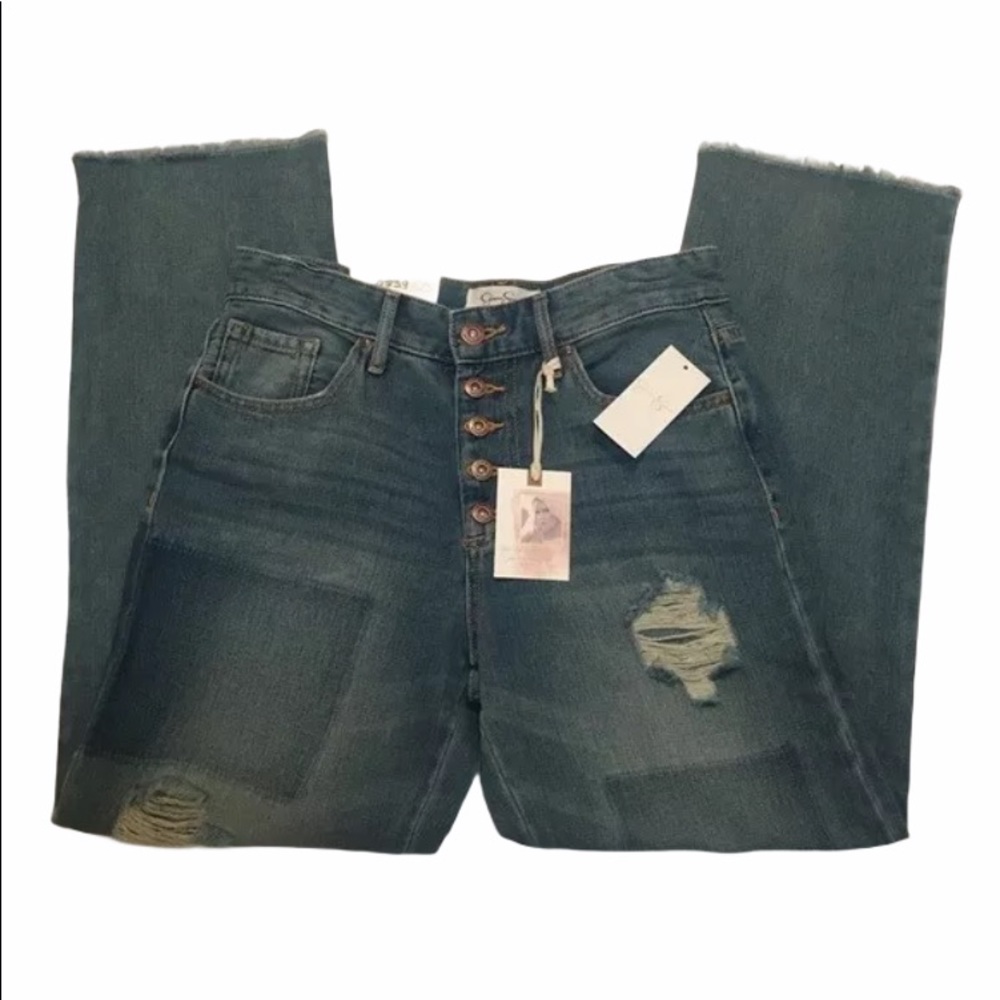 NWT Jessica Simpson Distressed High Rise Crop Jeans Fringed Size 25 Med Blue